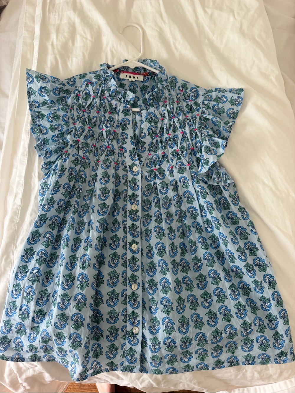 THML Blue Floral Ruffle-Sleeve Button-Front Blouse - Picture 2 of 3